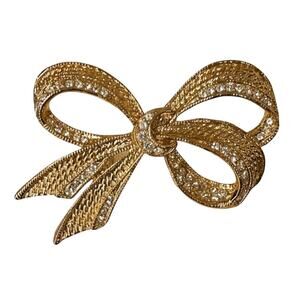 Signed Romans 1990s Gold Plate & Rhinestone Ribbon Bow Brooch Pin